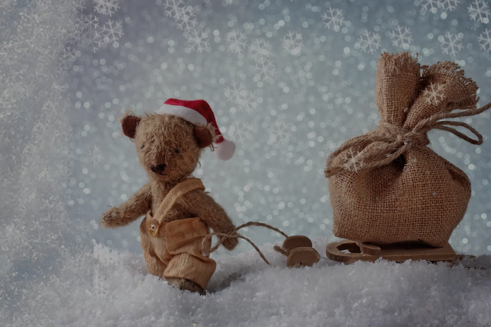 Teddybear mit Geschenkeschlitten im Schnee